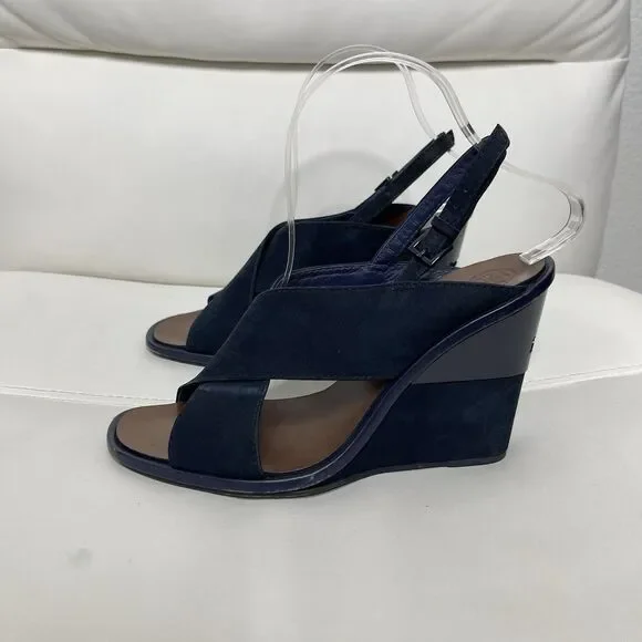 Tory Burch Slingback Wedge Sandals 7.5 Blue Suede Gabrielle Quiet Luxury Shoes - Picture 16 of 16